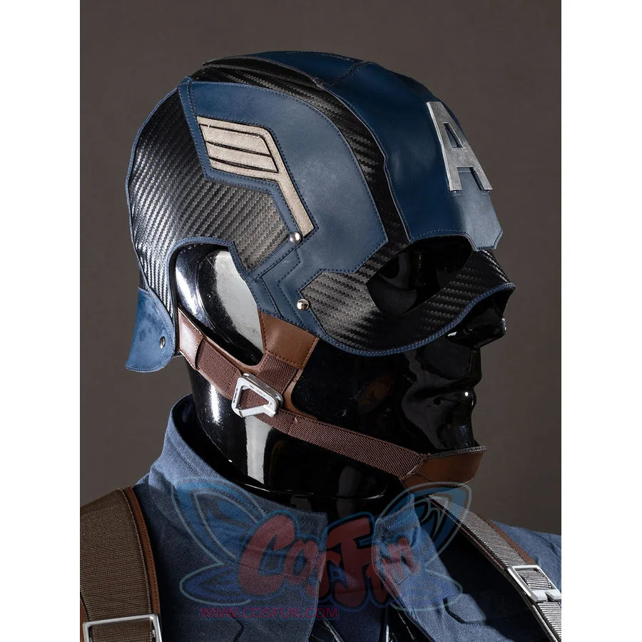 Steve Rogers cosplay helmet side detail layers navy panels around brown chin straps.