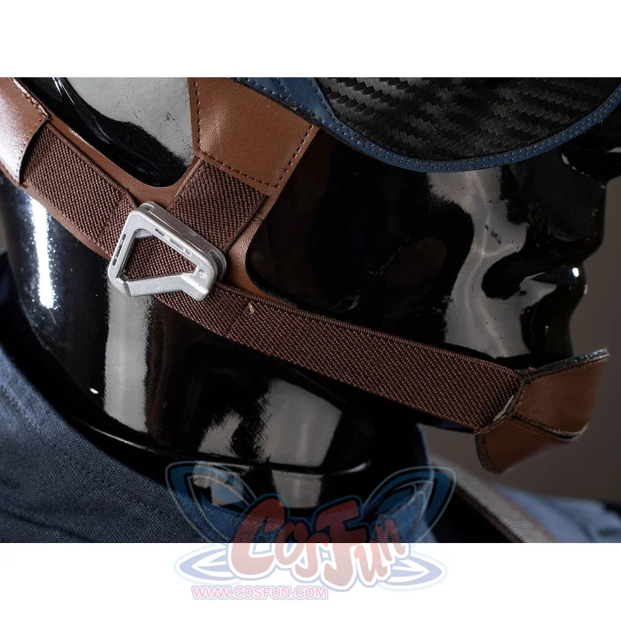 Steve Rogers cosplay helmet strap detail anchors brown webbing through a silver-tone buckle.