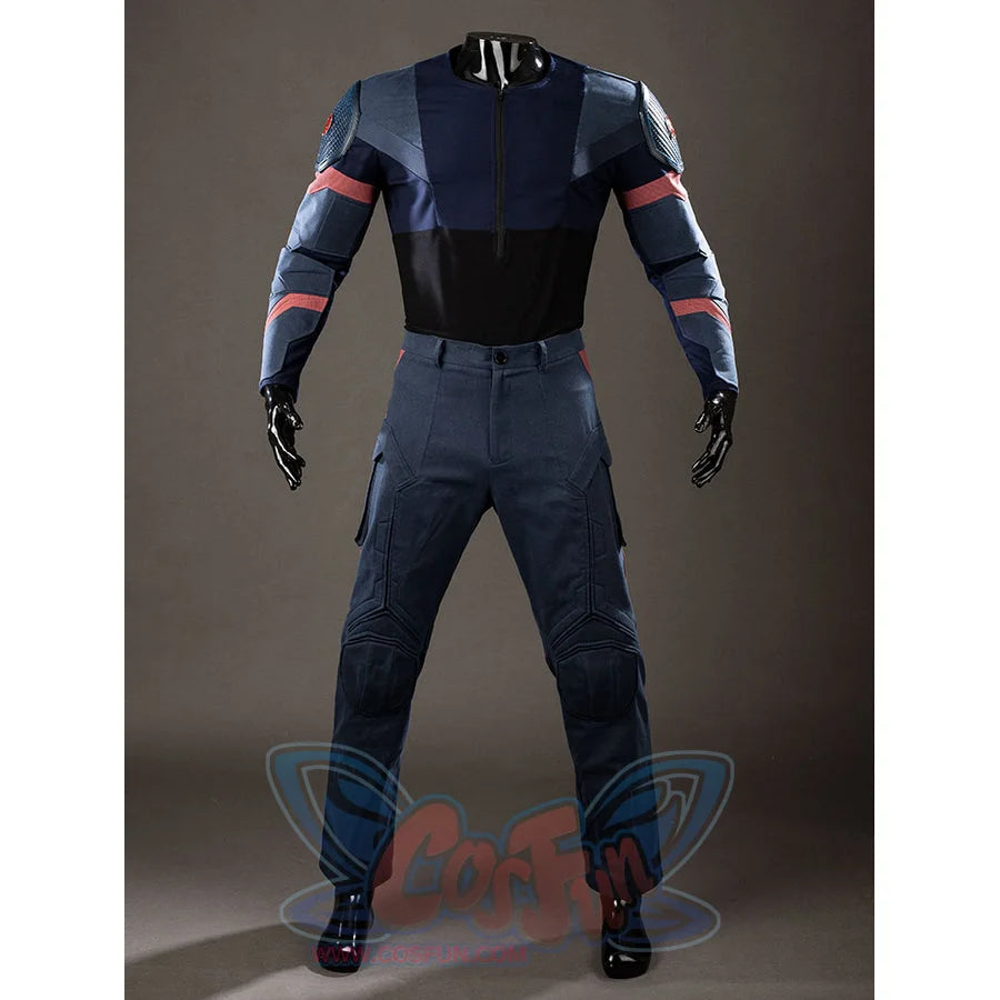 Steve Rogers cosplay costume back view zips the navy jacket above blue pants and black waist panels.