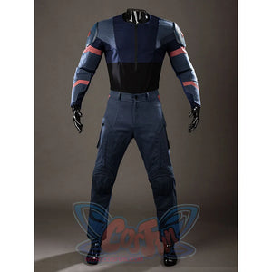 Steve Rogers cosplay costume back view zips the navy jacket above blue pants and black waist panels.