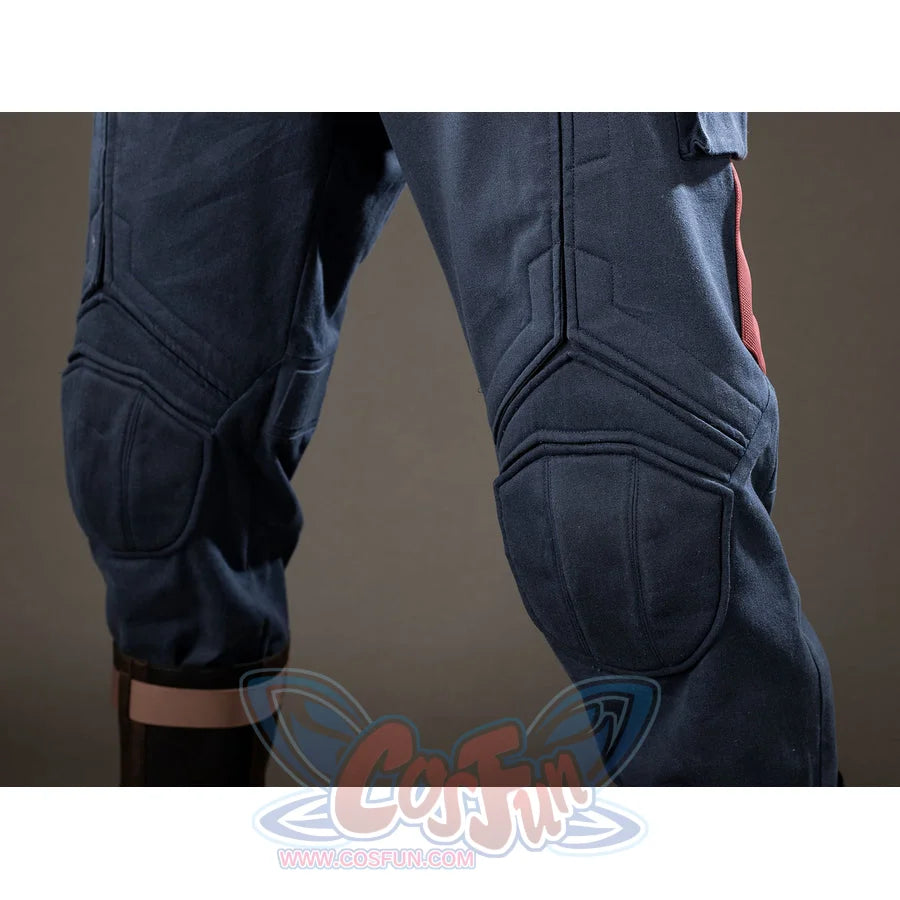 Steve Rogers cosplay knee armor detail layers raised blue panels over the pants legs.