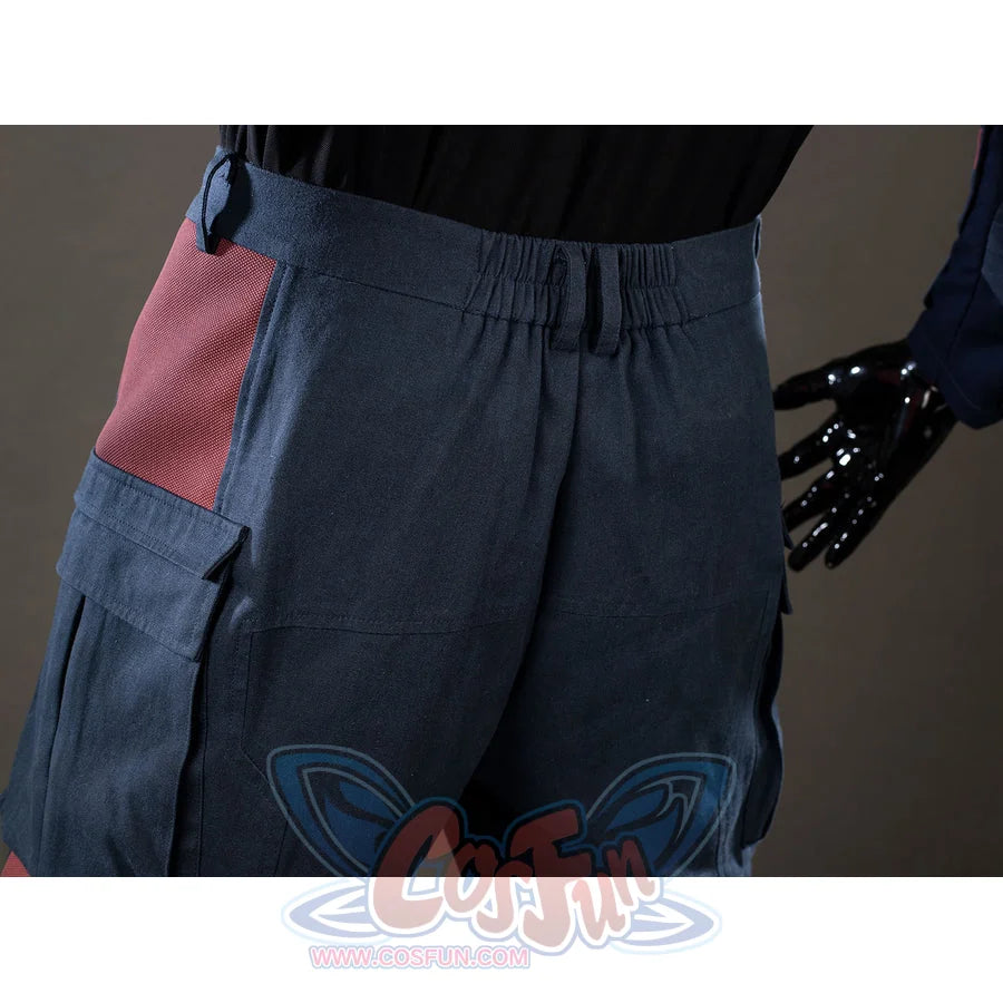 Steve Rogers cosplay pants back waist detail gathers elastic and belt loops over blue fabric.
