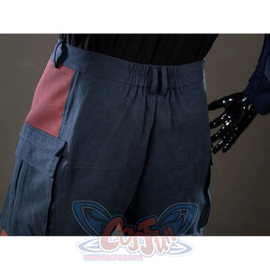Steve Rogers cosplay pants back waist detail gathers elastic and belt loops over blue fabric.