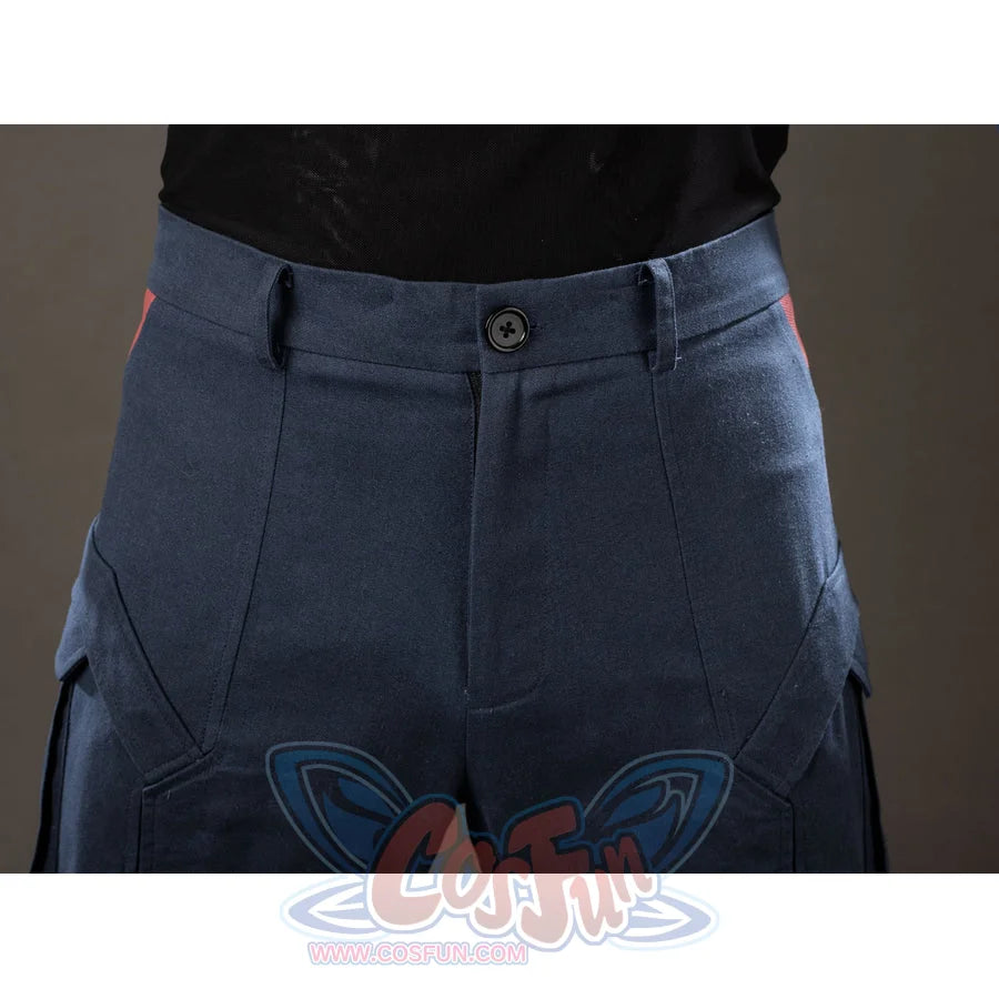 Steve Rogers cosplay pants waist detail centers a button closure above blue cargo pockets.