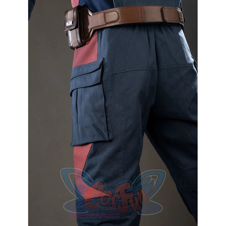 Steve Rogers cosplay pants pocket detail anchors a cargo flap beside the red side stripe.