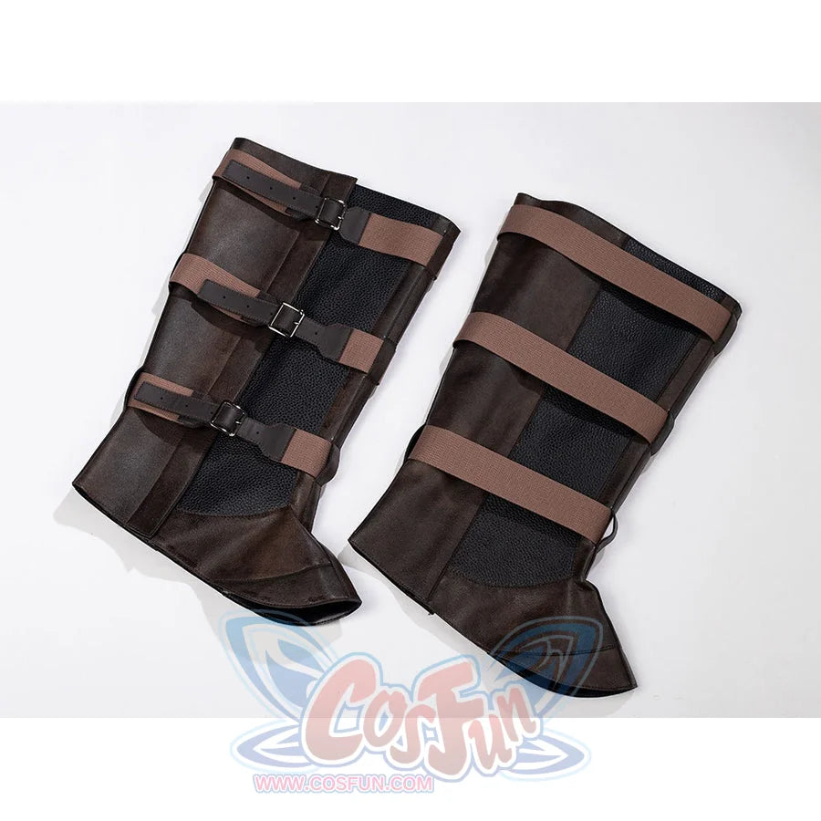 Steve Rogers cosplay shoe covers flat lay pairs brown strapped covers for the costume boots.