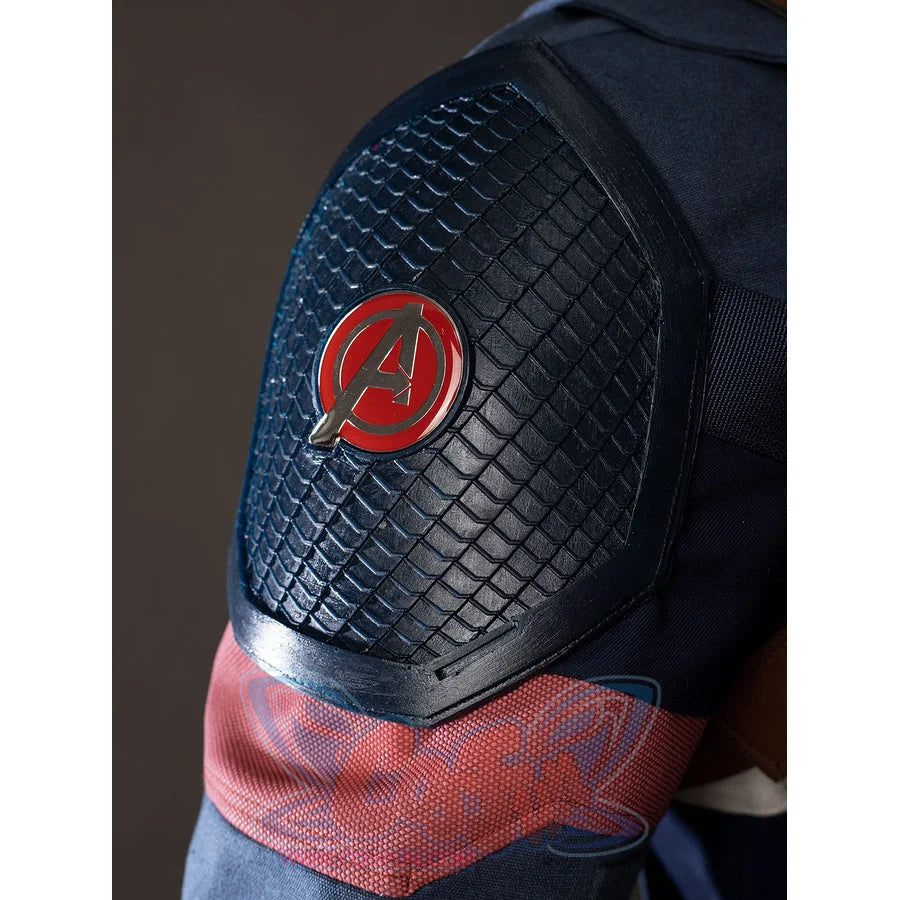 Steve Rogers cosplay shoulder patch detail sets a red emblem over blue scaled sleeve armor.