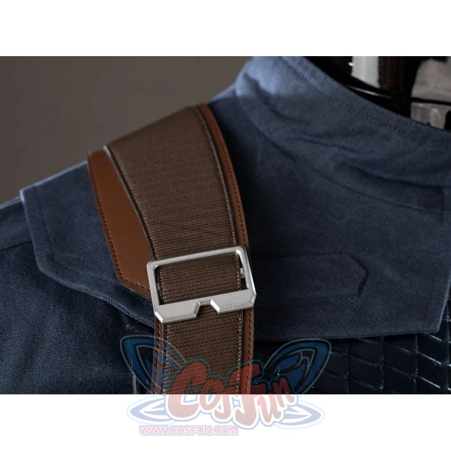 Steve Rogers cosplay shoulder strap detail layers brown webbing over the navy jacket collar.