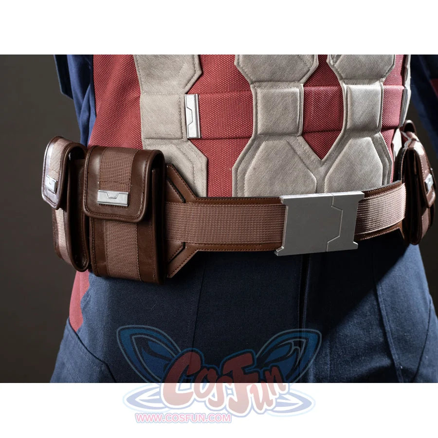 Steve Rogers cosplay belt pouch detail anchors a brown side pouch beside cream torso blocks.