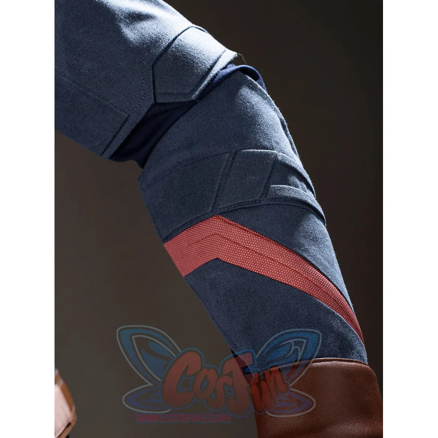 Steve Rogers cosplay forearm detail angles blue armor panels around a red sleeve band.
