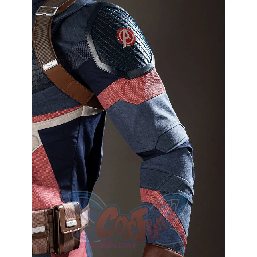 Steve Rogers cosplay sleeve armor detail layers navy panels below a red shoulder patch.
