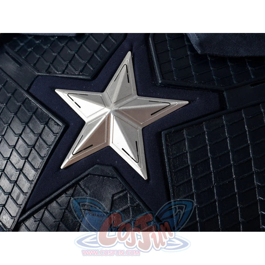 Steve Rogers cosplay star chest detail anchors a silver-tone emblem over dark textured armor.