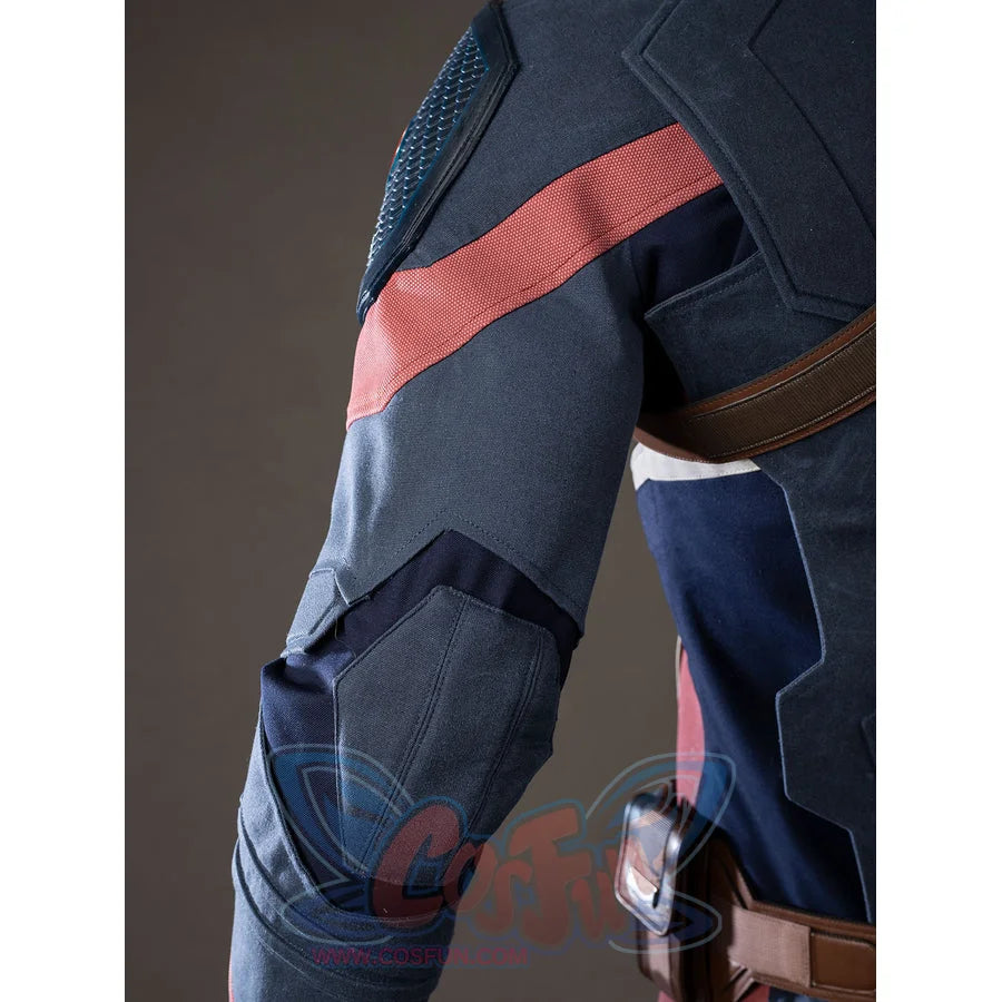 Steve Rogers cosplay thigh armor detail layers red side bands beside blue paneling.