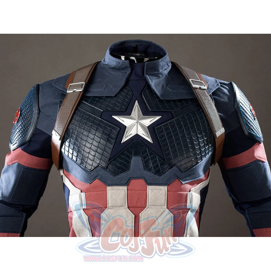 Steve Rogers cosplay vest close-up centers the silver-tone star over dark textured chest panels.
