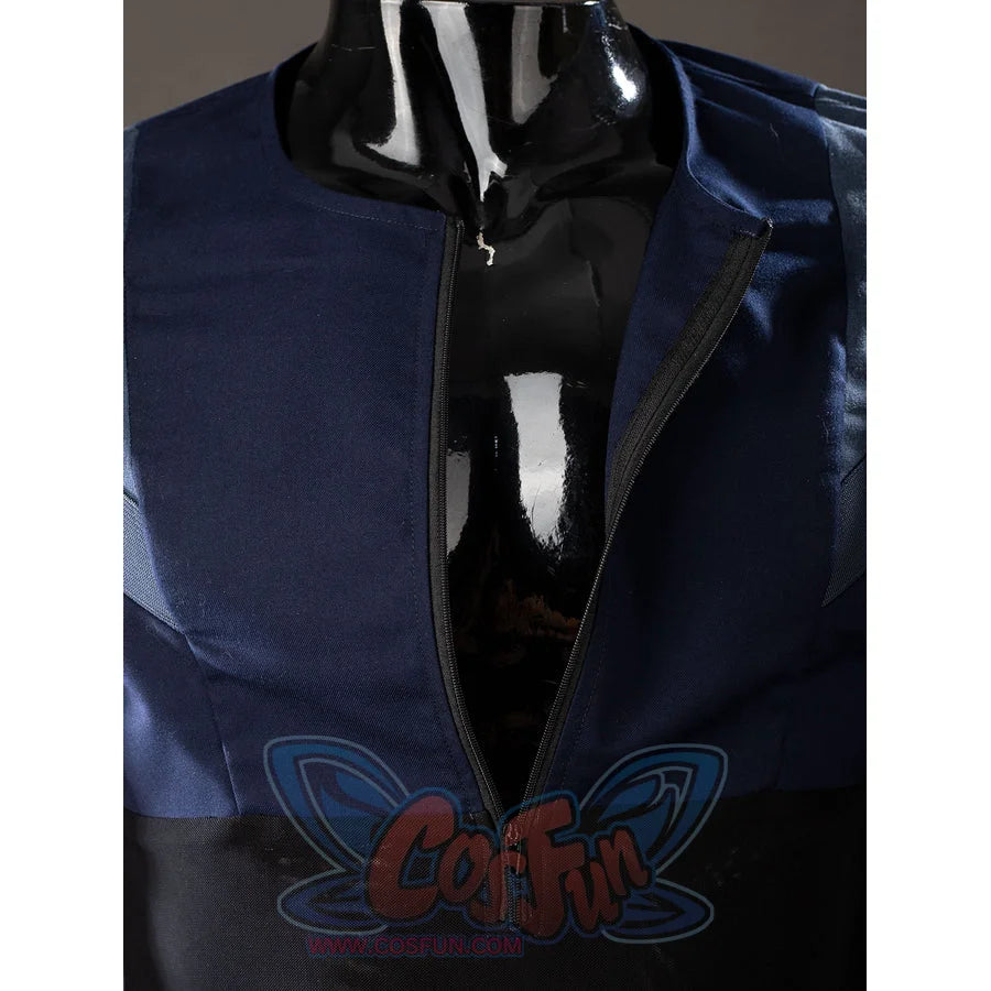 Steve Rogers cosplay vest zipper detail opens the navy front panel over a dark inner shirt.