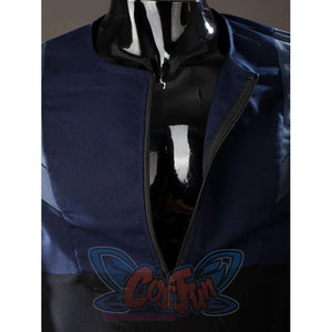 Steve Rogers cosplay vest zipper detail opens the navy front panel over a dark inner shirt.