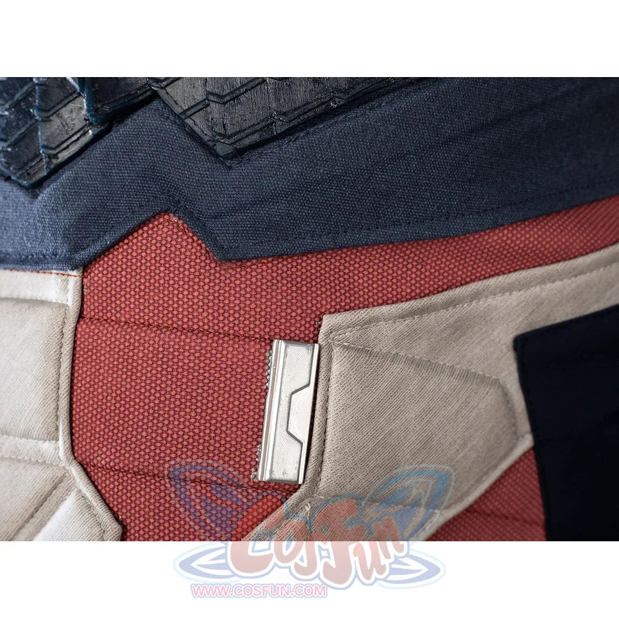 Steve Rogers cosplay waist armor detail sets a cream side plate against red textured fabric.