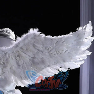 Panty and Stocking with Garterbelt Stocking cosplay wing detail focuses on layered white feathers along the outer edge