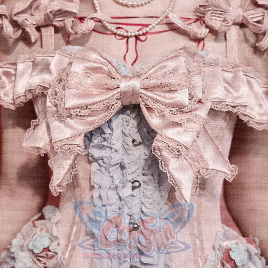 Close-up of the Strawberry Mousse Corset bodice with satin bow, front buttons, and blue ruffle panel
