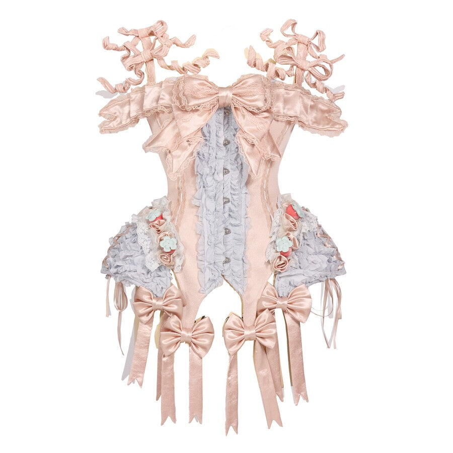 Flat display of a pink lace-up corset top with front and back views