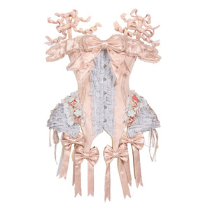 Flat display of a pink lace-up corset top with front and back views