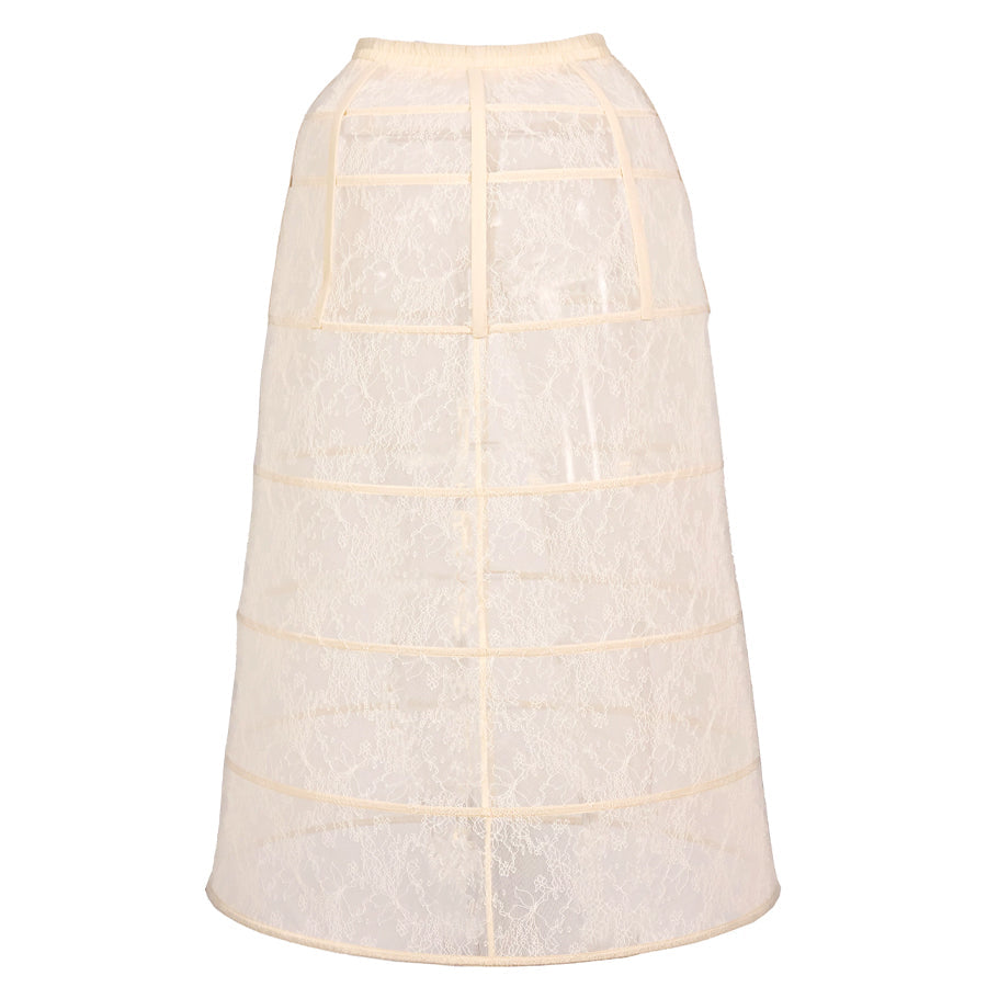 Flat lay of a cream structured petticoat with lace panels