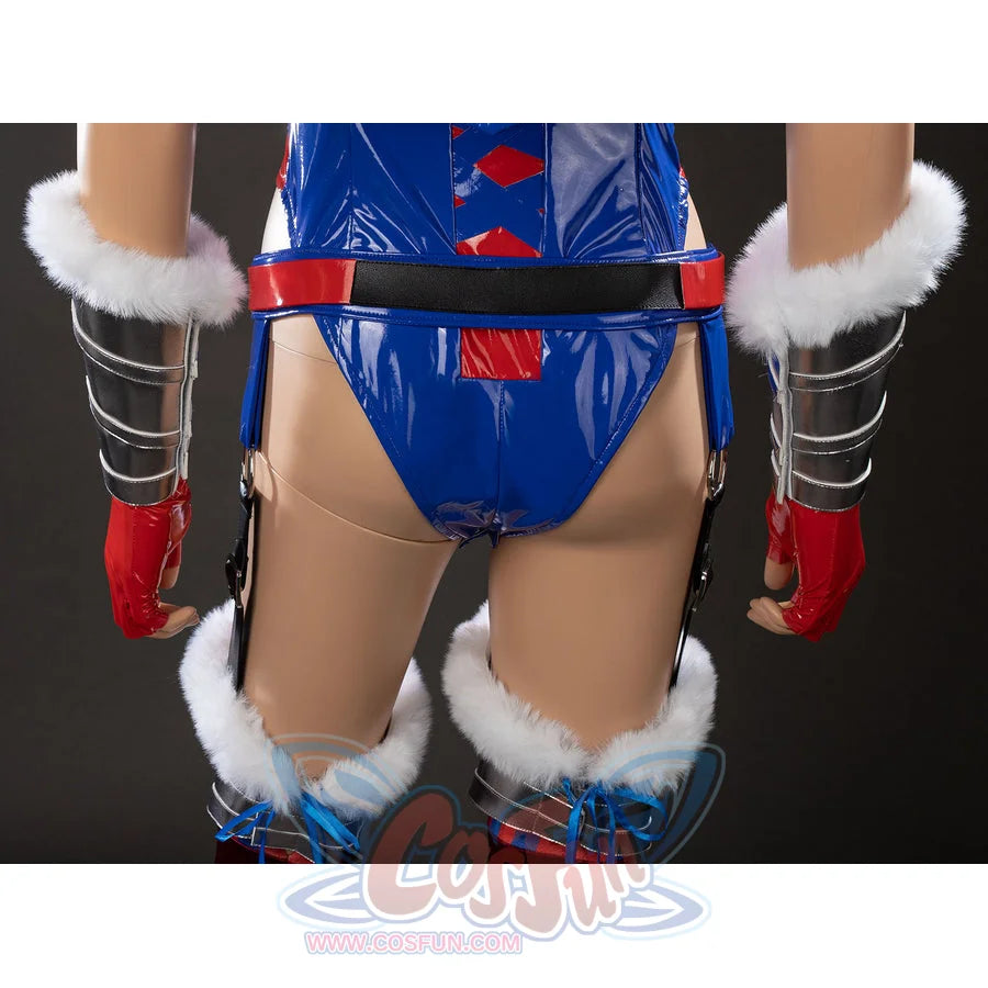 Swords &amp; Slippers Snow White cosplay back waist detail anchors the glossy blue bodysuit with a red belt.