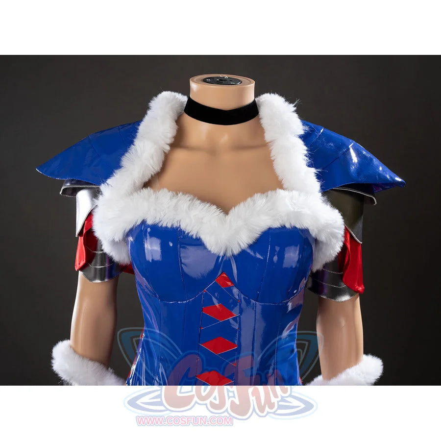 Swords & Slippers Snow White cosplay bodice close-up layers glossy blue panels under white faux fur trim.