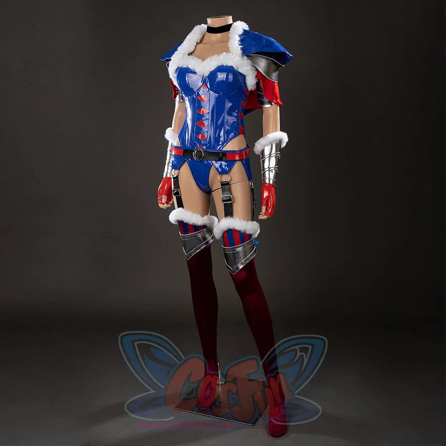 COSFUN Swords & Slippers Snow White cosplay costume pairs a glossy blue bodysuit with white trim and red gloves.