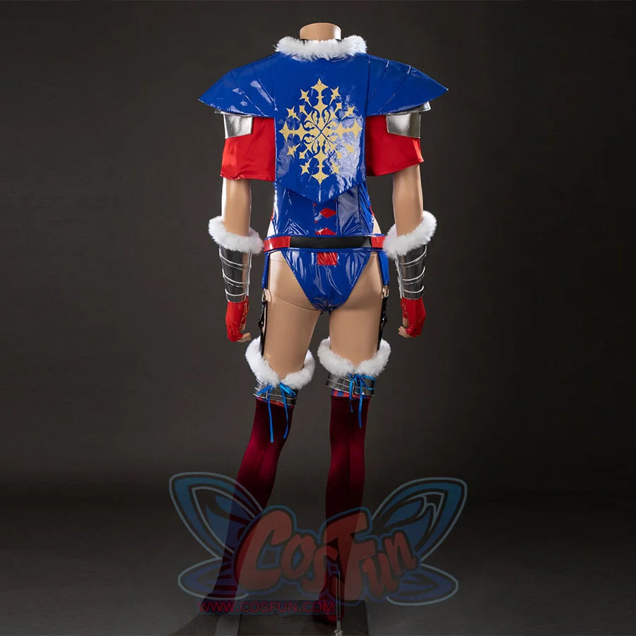 Swords &amp; Slippers Snow White cosplay costume back view centers blue shoulder armor and gold-tone snowflake art.