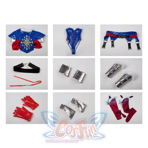 Swords & Slippers Snow White cosplay costume flat lay gathers the bodysuit amid armor pieces and stockings.