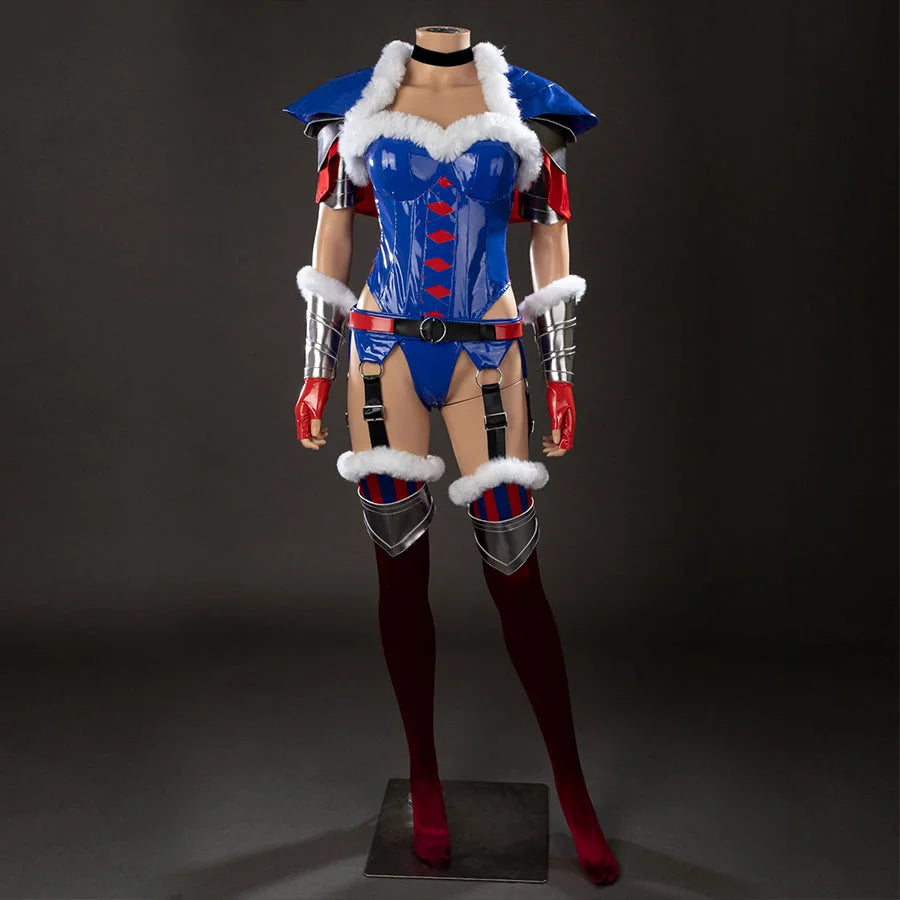COSFUN Swords & Slippers Snow White cosplay costume pairs a glossy blue bodysuit with white trim and red gloves.