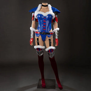 COSFUN Swords & Slippers Snow White cosplay costume pairs a glossy blue bodysuit with white trim and red gloves.