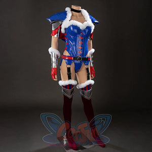 Swords & Slippers Snow White cosplay costume angles the blue bodysuit beside silver-tone leg guards.
