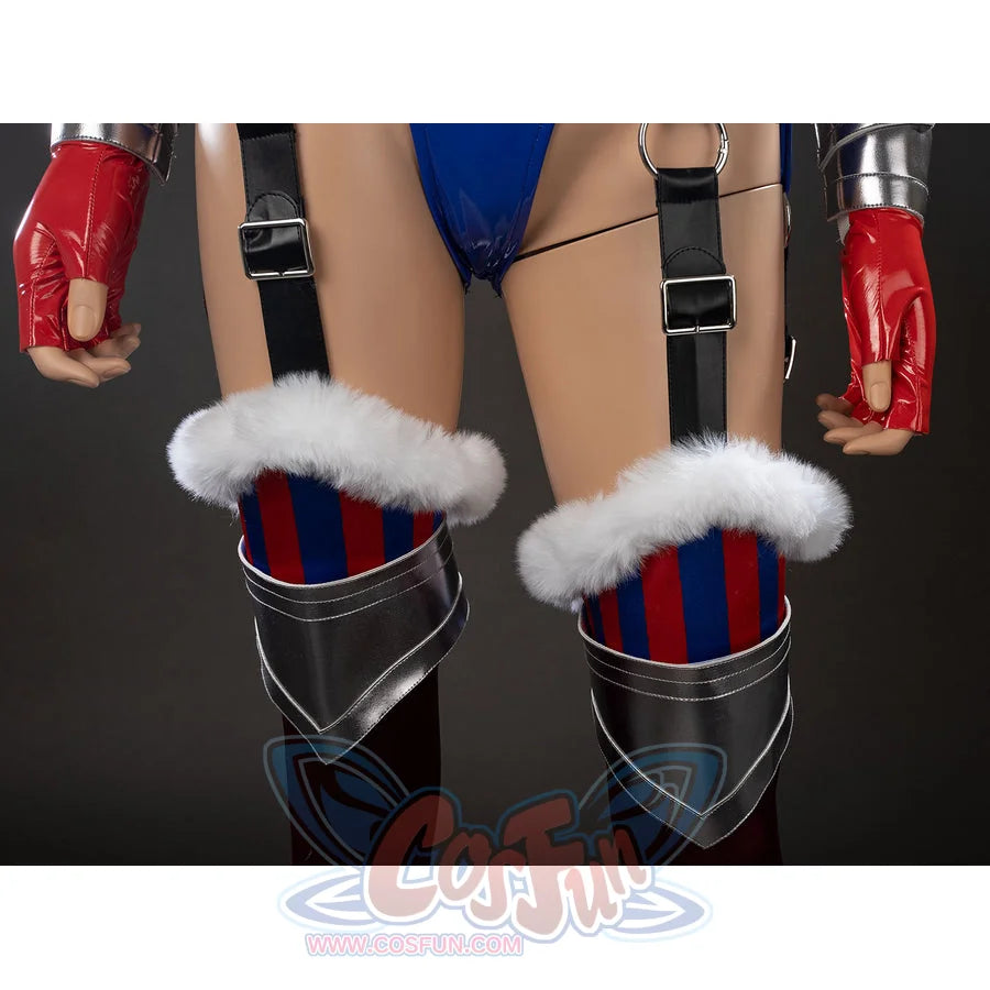 Swords &amp; Slippers Snow White cosplay leg guard detail places striped thigh rings above burgundy stockings.