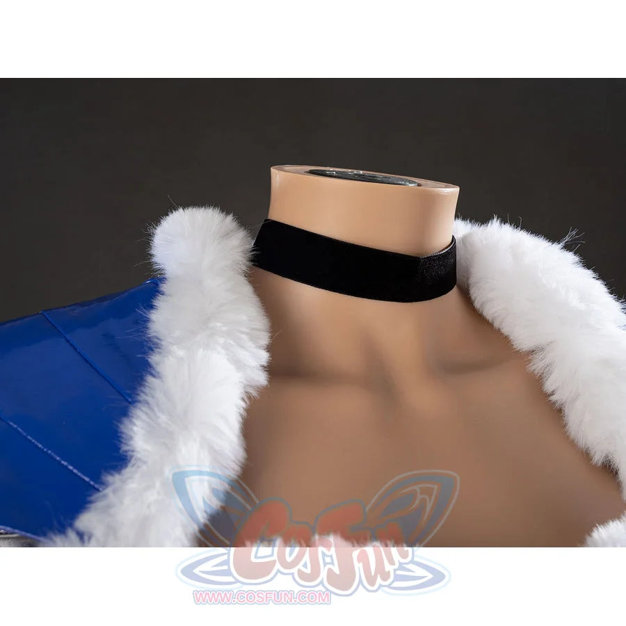 Swords & Slippers Snow White cosplay neckband detail sits between white faux fur trim and blue shoulder armor.