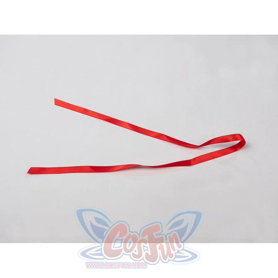 Swords &amp; Slippers Snow White cosplay red ribbon accessory lies ready to tie into the costume set.