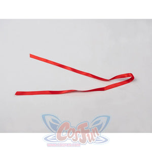 Swords & Slippers Snow White cosplay red ribbon accessory lies ready to tie into the costume set.