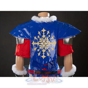 Swords & Slippers Snow White cosplay shoulder armor back view centers gold-tone snowflakes across glossy blue panels.