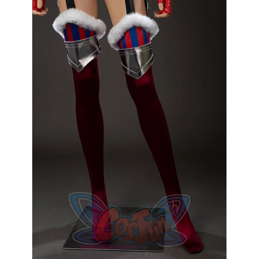 Swords & Slippers Snow White cosplay stockings run below silver-tone leg armor and blue fur-trimmed thigh rings.