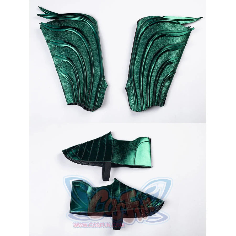 Teal armored cosplay guard covers layout groups wrist guards above pointed shoe covers.