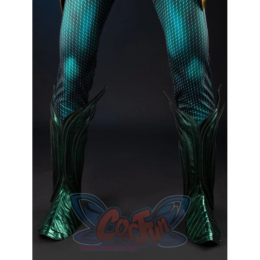 Teal armored cosplay leg guards front view frame scale-pattern legs with pointed boot covers.