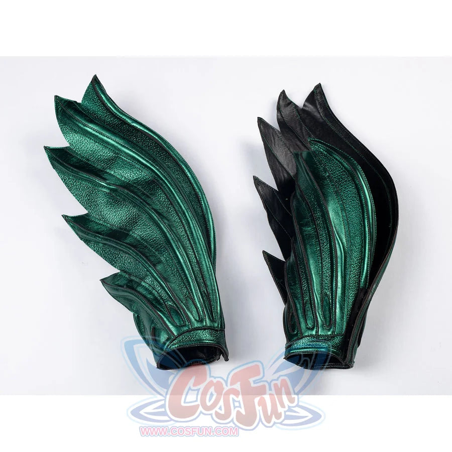 Teal armored cosplay wrist guards pair layers fin-shaped panels for the forearm armor set.