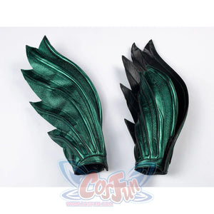 Teal armored cosplay wrist guards pair layers fin-shaped panels for the forearm armor set.