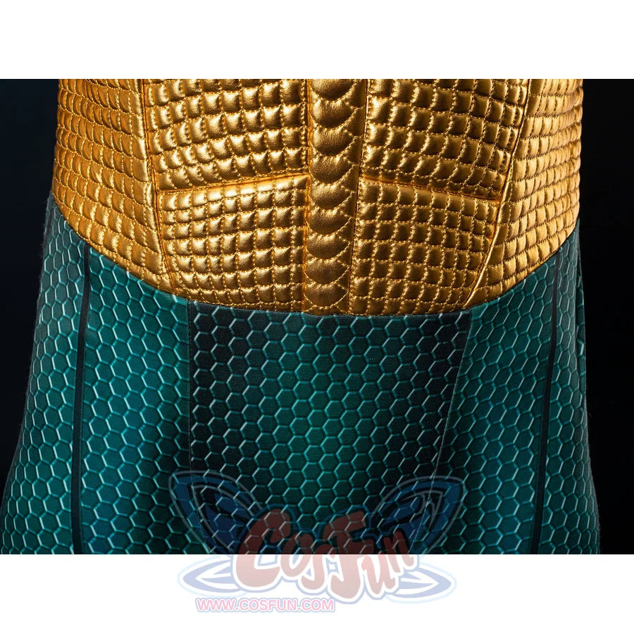 Teal scale cosplay bodysuit waist detail meets the gold-tone textured bodice in a clean center seam.