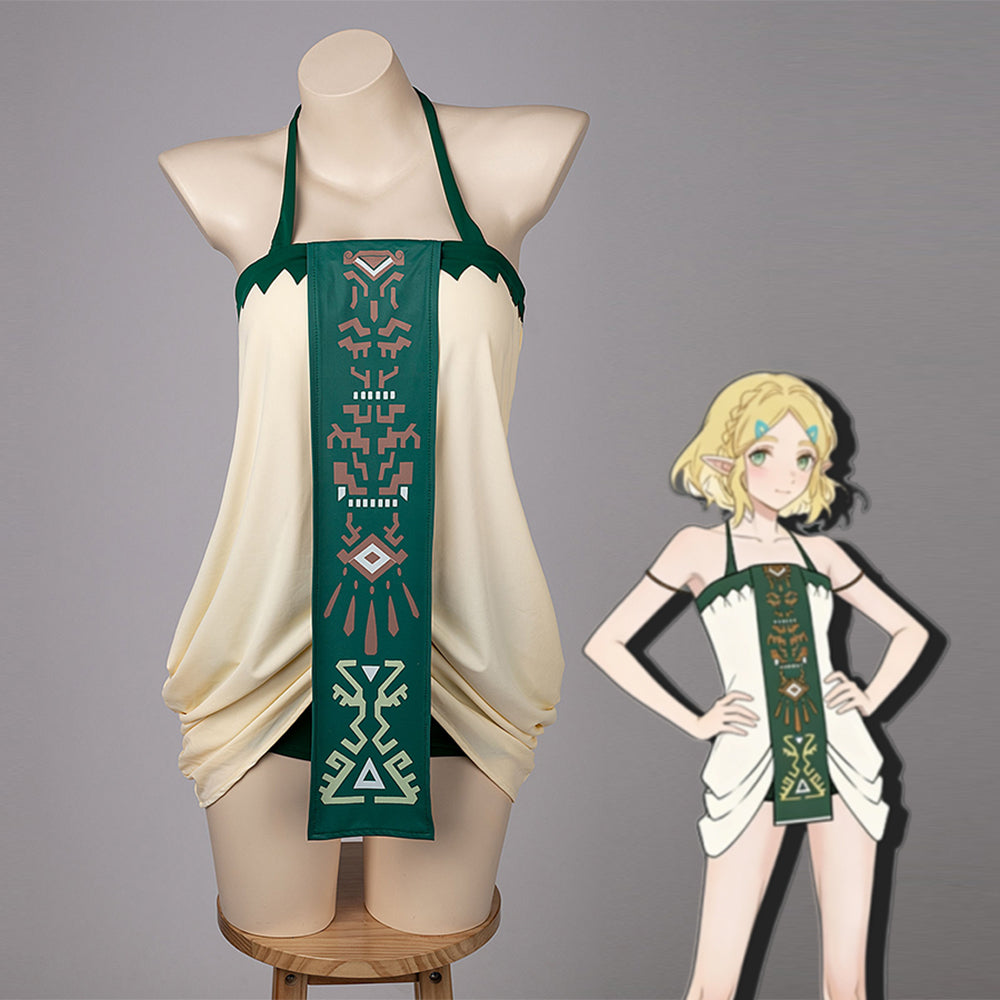COSFUN The Legend of Zelda Princess Zelda cosplay swim dress frames a green panel over cream drapes.