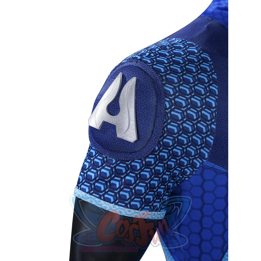 The Boys A-Train Reggie Franklin cosplay sleeve emblem detail places a white A patch on blue textured fabric