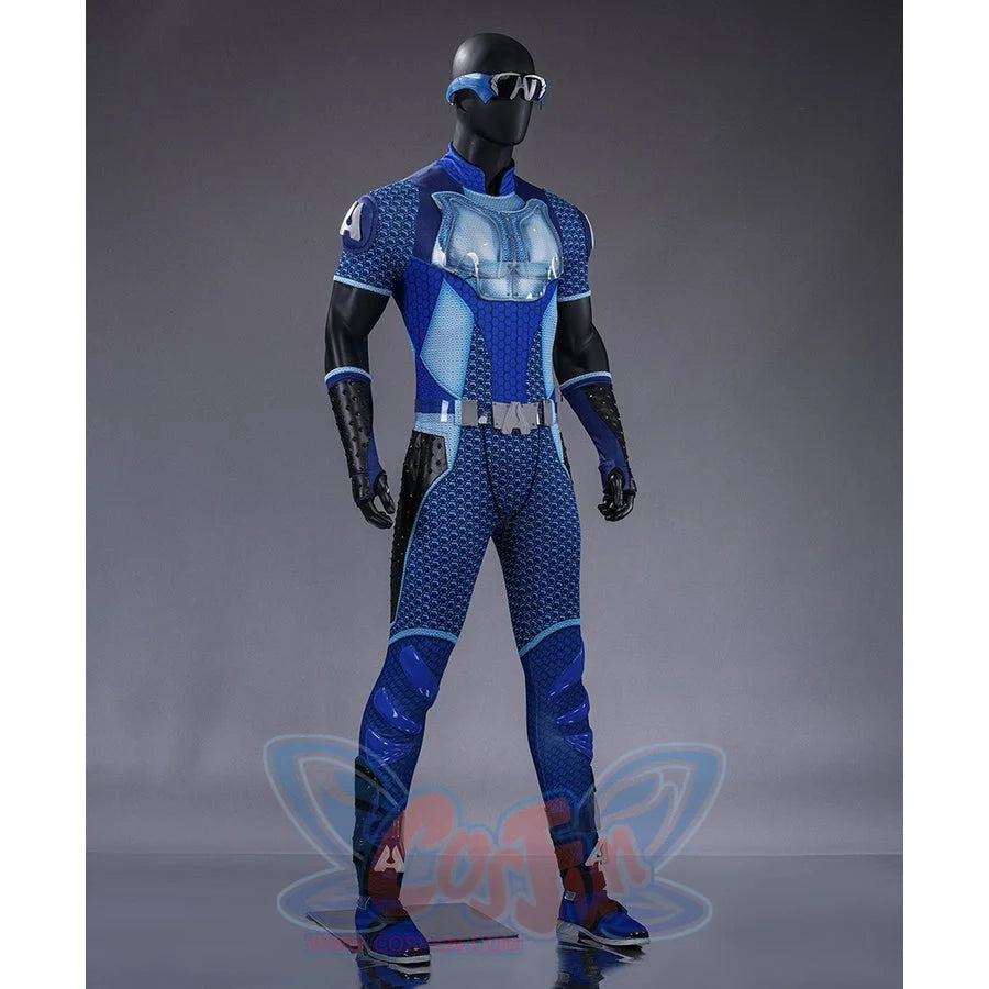 The Boys A-Train Reggie Franklin cosplay costume angled view sharpens the blue chest armor and slim leg lines