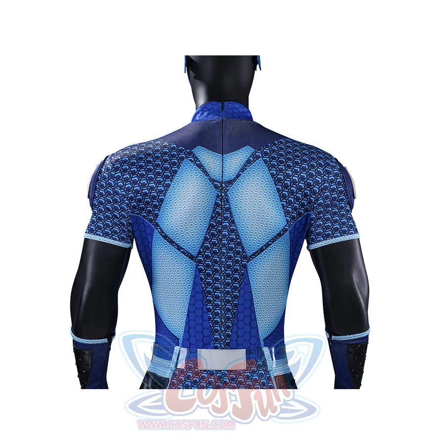 The Boys A-Train Reggie Franklin cosplay back torso detail centers blue spine panels between black sleeves