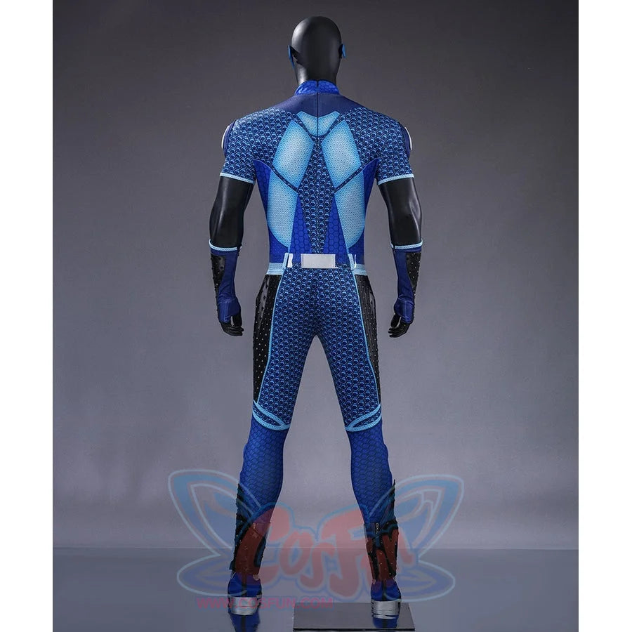 The Boys A-Train Reggie Franklin cosplay costume back view frames blue rear panels above dark leg guards